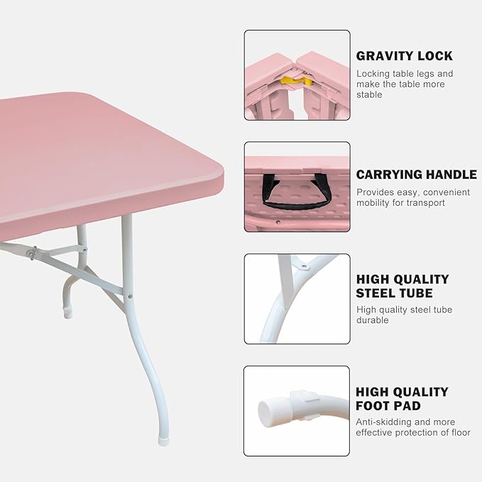 Portable Plastic Folding Table 4ft/6ft/8ft Heavy Duty White Black Picnic Dining Table Fold-in-Half for Camp Party Kitchen Indoor Outdoor (Pink, 6FT)