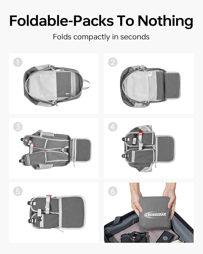 CROSSGEAR Packable Hiking Backpack, 24L RFID Lightweight Foldable Daypack, Nylon Fabric, Multiple Pocket, Water-Resistant for Men Women Travel Outdoor, Gray