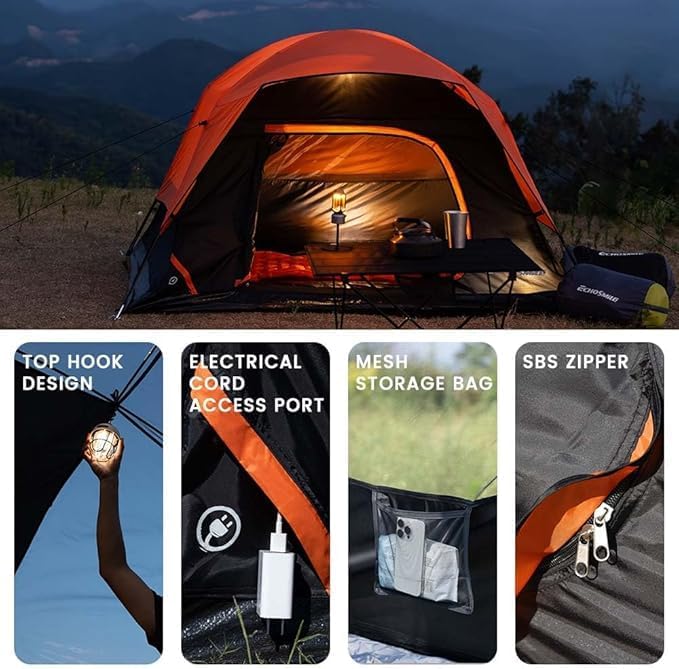 2/3/4 Person Camping Tent Waterproof Windproof Double Layer with Rainfly Easy Setup Lightweight for Backpacking Hiking Family Outdoor Black+Orange