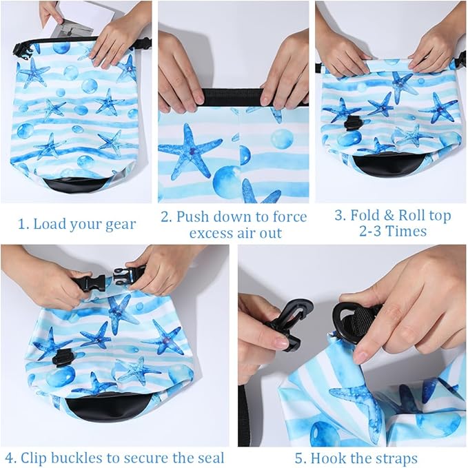 Floating Waterproof Dry Bag Backpack 5L Lightweight Ocean Starfish PVC Roll Top Dry Bag Sack for Kayaking Boating Camping Fishing Swimming Beach Rafting Hiking Outdoor Activities