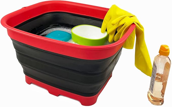 SAMMART 15L (3.9 Gallon) Collapsible Dishpan with Draining Plug - Foldable Washing Basin - Portable Dish Washing Tub - Camping & Space Saving Kitchen Storage Tray (Vermeil/Black)