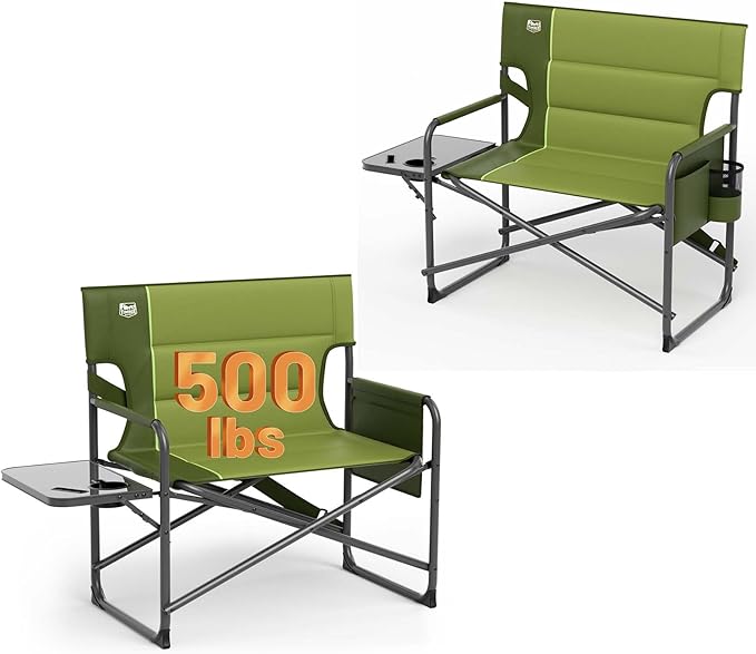 TIMBER RIDGE XXL Director’s Chair – Heavy Duty Folding Chair with Side Table, 500 lb Capacity, Extra Wide Padded Seat for Camping, Sports, Beach, Patio, and Outdoor Use, Green-2 Pack