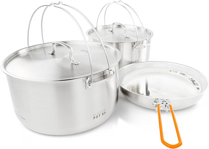 GSI Outdoors Glacier Stainless Troop Cookset, Compact Pan & Pot Camping Set, for Travel and Outdoors (8-10 People)