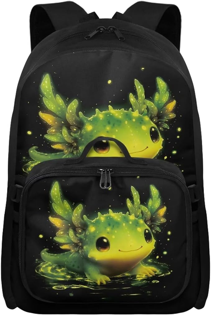 HUGS IDEA Glowing Axolotl Backpack and Lunch Box Set Girls Elementary School Bookbag Cute Backpack for Girls 6-8 Lightweight School Bag for Kids Daypack Children Bookbag