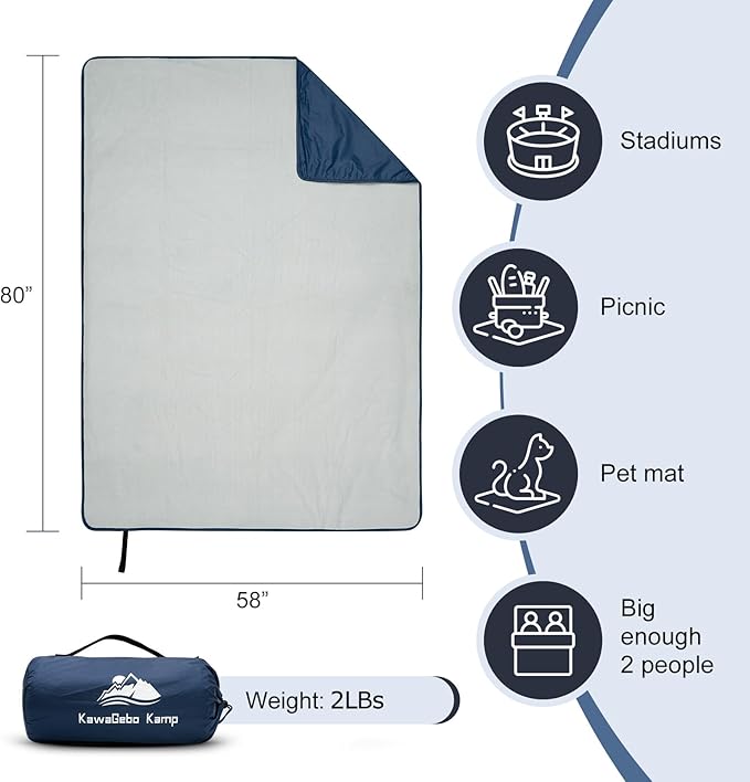 Fleece Waterproof Outdoor Blanket - Windproof Stadium Blanket for Camping, Picnics, and Sports Stay Dry and Comfortable 80"x 58"(Hoodeed, Blue)