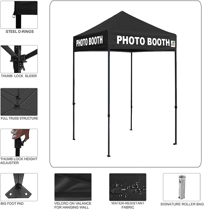 Eurmax USA Printed 5x5 Pop Up Canopy Tent Commercial Instant Canopies with Heavy Duty Roller Bag,Bonus 4 Sand Weights Bags (Printed Black)