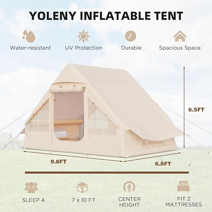 YOLENY 2/4/6 Person Inflatable Tents for Camping, Quick Setup in 2 Minutes with Hand Pump, Oxford Blow Up Tent with Skylight & Canopy, Spacious Cabin Tent for Family Camping & Hiking