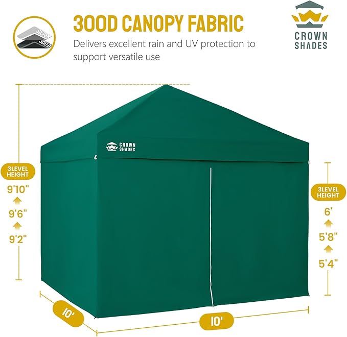 CROWN SHADES 10X10 Comercial Instant Canopy Pop Up Tent with Center Lock (10x10 with 4 Sidewalls, Forest Green)