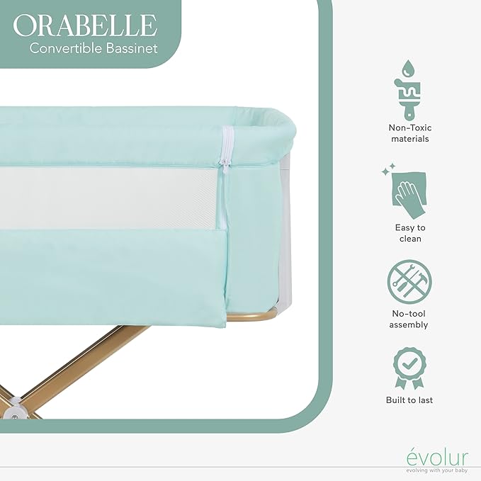 Evolur Orabelle Baby Bassinet & Bedside Sleeper, Breathable Mesh Sides, Plush Mattress Pad with Removable Cover, Tool-Free Assembly, Quick Foldable Steel Frame Compact Design with Travel Bag – Mint
