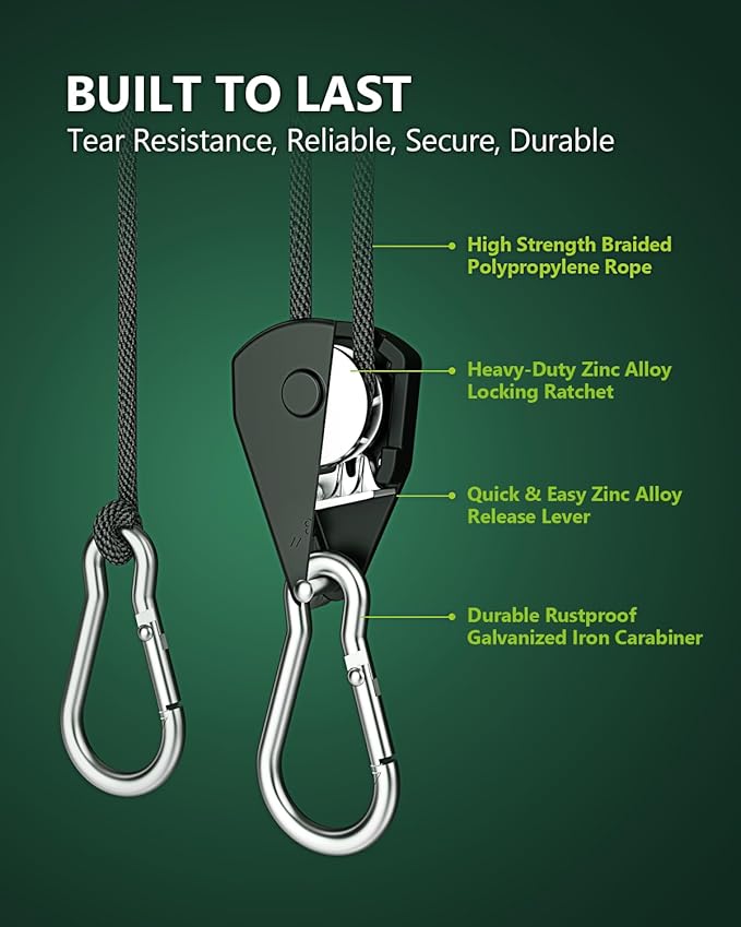 12-Pack 1/8” Adjustable Rope Hanger, Heavy Duty Ratchet Tie Down Strap with Reinforced Metal Gear, Ratcheting Pulley System Bungee Cord for Hanging Plants Grow Light and Various Tie-Down Uses