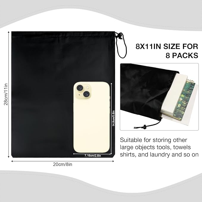 HIIXHC 8-Pack Drawstring Bags with Toggle, Durable Nylon Backpack, Cinch Sack and Ditty Pouch for Gym, Sports, Travel, and Daily Use (Black, 8 x 11 Inch)