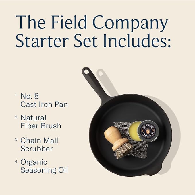Field Cast Iron Starter Set -10.25 Inch Cast Iron Skillet with Cleaning Kit: Natural Fiber Brush, Chain Mail Scrubber & Organic Seasoning Oil – Lightweight, Preseasoned, Made in USA, Vintage Design