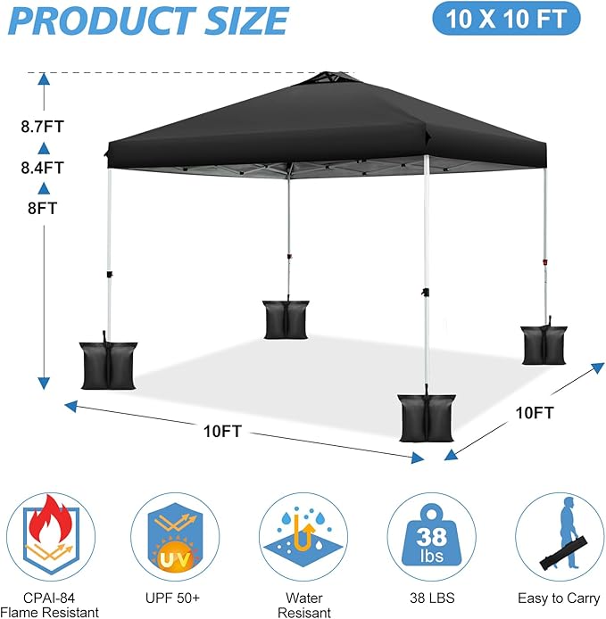 WEIZE 10x10 pop up Canopy Tent, One-Button Push Setup, Adjustable Height pop up Gazebo, Instant Portable Shelter, 4 Weight Bags, Sun Shade for Events & Camping, Silver Coated Top, Black
