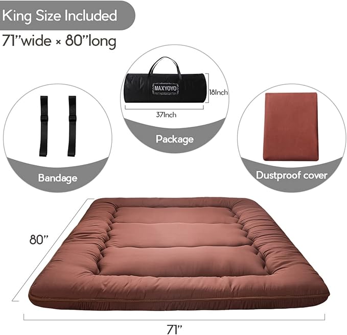 MAXYOYO Japanese Floor Mattress Futon Mattress, Thicken Tatami Mat Sleeping Pad Foldable Roll Up Mattress Boys Girls Dormitory Mattress Pad Floor Lounger Bed, Coffee, Queen