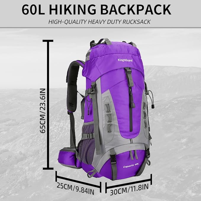 King'sGuard 60L Hiking Backpack for Men and Women Lightweight Camping Hiking Backpack with Rain Cover Large Waterproof Travel Backpack Backpacking Pack (Purple)