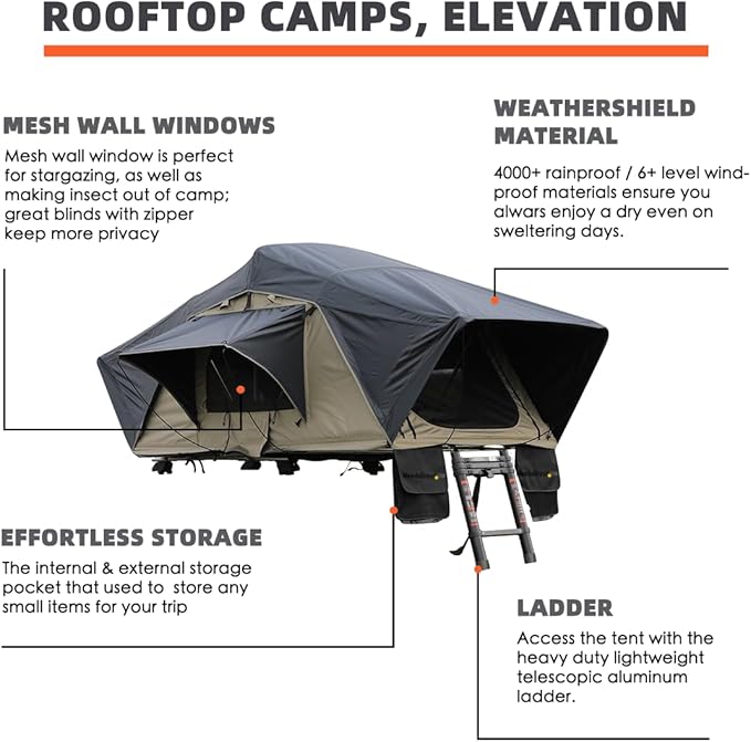Meedo Apolle A86 M, Soft Shell Rooftop Tent, Fits 2 People, Made with Waterproof Material and a Rainfly-Fold Design, Clamshell Army Green Roof top Tent for Overlanding Hunting, Ladder Included