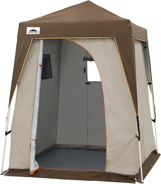 EAGLE PEAK 5x5 Pop Up Privacy Tent with Ground Mat, Portable Changing Room & Outdoor Shower Tent, Portable Canopy for Camping, Pool, Photoshoots or Toilet Shelters 6x6 Base 5x5 Top (Beige/Brown)
