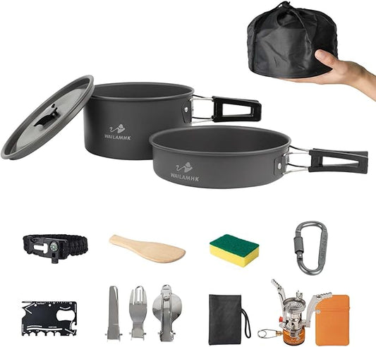 Camping Cookware Mess Kit, 13 pcs Backpacking Cookware Set, Lightweight Camping Pots and Stove Set for 1-2 Person, Outdoor Cooking Gear Ideal for Camping, Hiking, Backpacking and Picnic