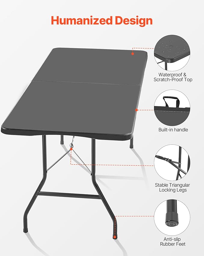 VEVOR Folding Table, 6 Ft Heavy Duty Portable Fold-in-Half Utility Table, Indoor Outdoor Plastic Rectangle Table with Built in Handle, for Party, Dining, Wedding, Events, Picnic, Camping, Black