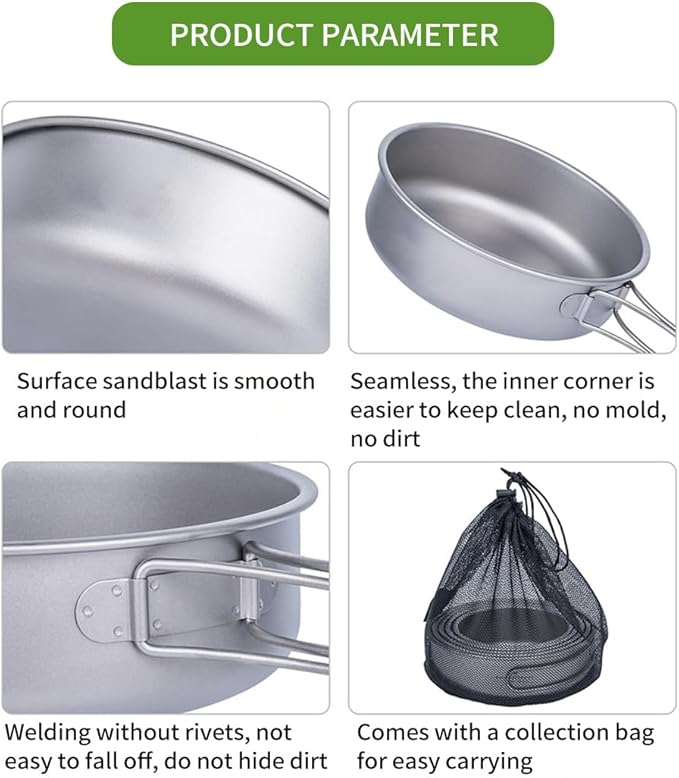 BY-J 2 Piece-Set, Outdoor Titanium Frying Pan with Folding Handle Camping Hanging Cookware Hiking Picnic Ultralight Tableware