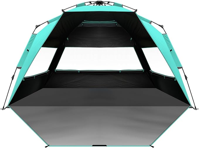 OutdoorMaster Beach Tent with Blackout Shelter Technology, Portable Sun Shade Shelter 4 Person, Pop Up Beach Tents with UPF 50+ UV Protection, 9.5mm Thick Pole, 3 Ventilating Mesh Windows -Green
