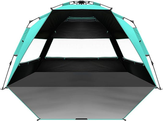 OutdoorMaster Beach Tent with Blackout Shelter Technology, Portable Sun Shade Shelter 4 Person, Pop Up Beach Tents with UPF 50+ UV Protection, 9.5mm Thick Pole, 3 Ventilating Mesh Windows -Green