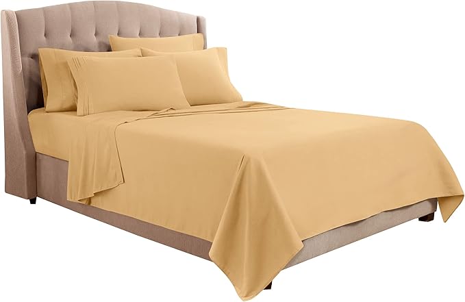 Clara Clark Flex Top King Sheets, 6 Piece Set - Hotel Luxury Sheets for Top Split King Bed, Super Soft Bedding Set, Head Split King Camel Gold