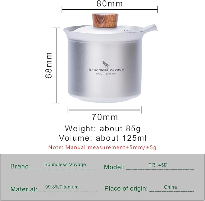 Boundless Voyage Titanium Teacup Double-Layer Tea Maker Outdoor Teapot Camping Mug Set Leightweight Drinking Cup for Backpacking Picnic Travel (Ti3145D-125ml)