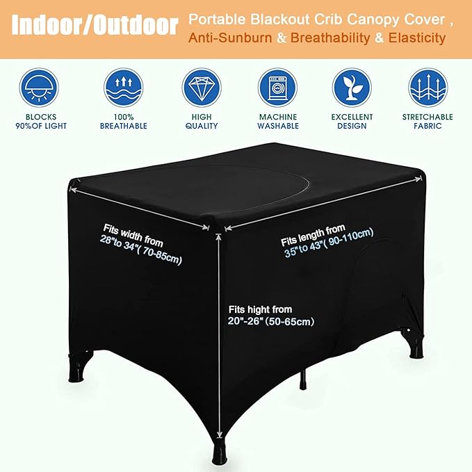 Blackout Crib Canopy Cover Stretchy Breathable Travel Netting Tent and Shade Stretch Up to 40"×30" for Indoor and Outdoor Children's Sleep Safety (Black)