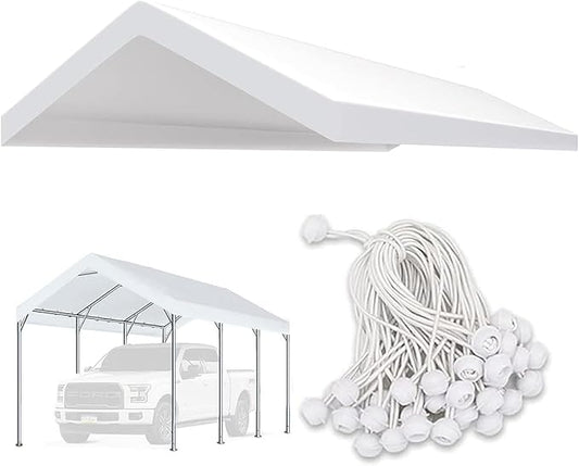 Upgraded Carport Replacement Canopy Cover for 10’ x 20‘ Car Tent Top Garage Shelter Cover Tarp with Ball Bungees (Only Top Cover, Frame Not Include) White