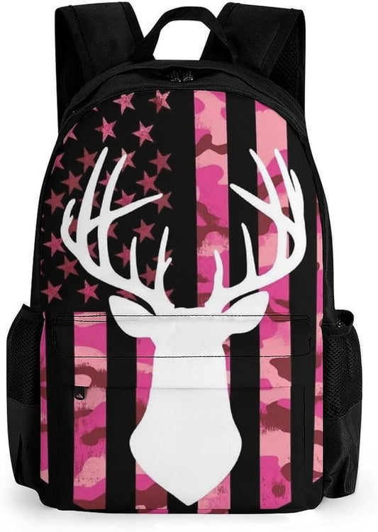 Lightweight Daypack for Camping Business Walking Cycling, Large Capacity Anti-Theft Multipurpose Bookbag, American Flag Camo Funny Deer Hunting Pink Camouflage Gym Outdoor Hiking Backpack