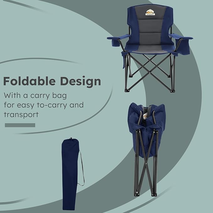 Oversized Camping Chairs 2 Pack - 450lbs Support Heavy Duty Folding Camp Chair Wide Portable Outside Collapsible Chairs with Carry Bag,Cooler,Cup Holder for Outdoor,Lawn,Sports,Baseball,Soccer-Navy