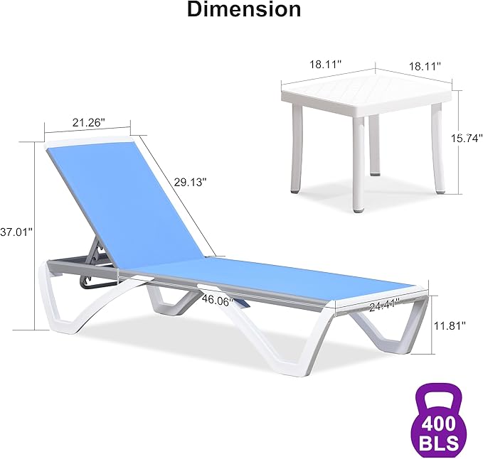 PURPLE LEAF Patio Chaise Lounge Chair Set Outside Aluminum Plastic Stackable Tanning Chairs with Side Table for Pool Sunbathing Beach Deck Outdoor Lounger, Royal Blue