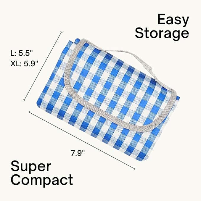 Cute Gingham Picnic Blanket, Waterproof Foldable, in Large 80x60in and Extra Large 80x80in, Portable Compact Beach Blanket, Oversized XL Outdoor Mat (Blue, X-Large)
