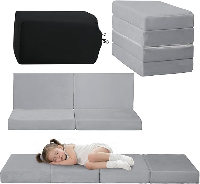 MeMoreCool Kids Folding Mattress, Trifold Mat Foldable Floor Mattress with Washable Cover and Carry Bag, Portable Foam Floor Mat for Kids, Daycare, Sleepover, Camping and Travel, Light Grey