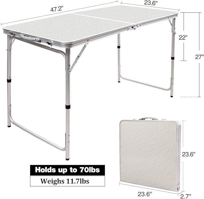 RedSwing 4 Feet Folding Camping Table Adjustable Height, Lightweight Portable Aluminum Frame Table for Picnic Beach Outdoor Indoor, 47.2''L x 23.6'' W x 22''/27'' H