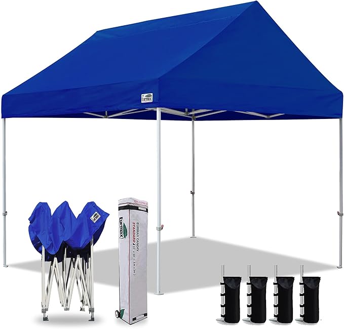 Eurmax USA Patented 10x10 Pop Up Canopy Tent Party Tent Commercial Instant Canopies Shelter with Heavy Duty Roller Bag,Bonus 4 Sand Bags (Royal Blue)