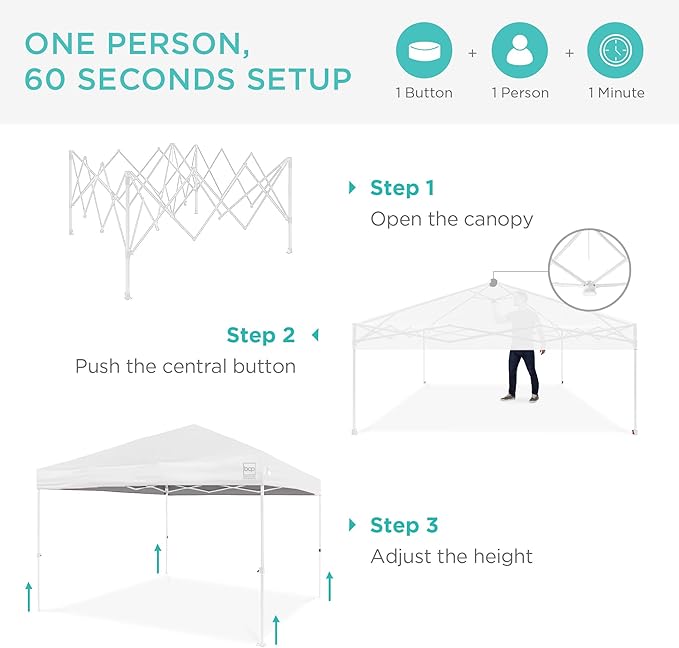 Best Choice Products 12x12ft Pop Up Canopy Tent, Outdoor Shade, 1 Person 1 Minute Set Up, Carry Case, 4 Weight Bags - White/White
