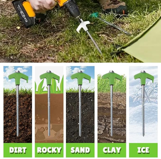 8" Screw in Tent Stakes - Ground Anchors Screw in, 2024 Upgraded Drillable Tent Stakes, Heavy Duty Metal Stake Ground Anchor Peg Threaded Tent Spikes with 1 Hex Head Driver