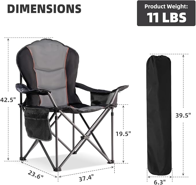 Oversized Camping Chair Heavy Duty 500LBS - 2 PCS Folding Outdoor Chair with Cooler Bag, Storage Pockets, Portable Collapsible Lawn Chairs for Adults (Black & Gray)