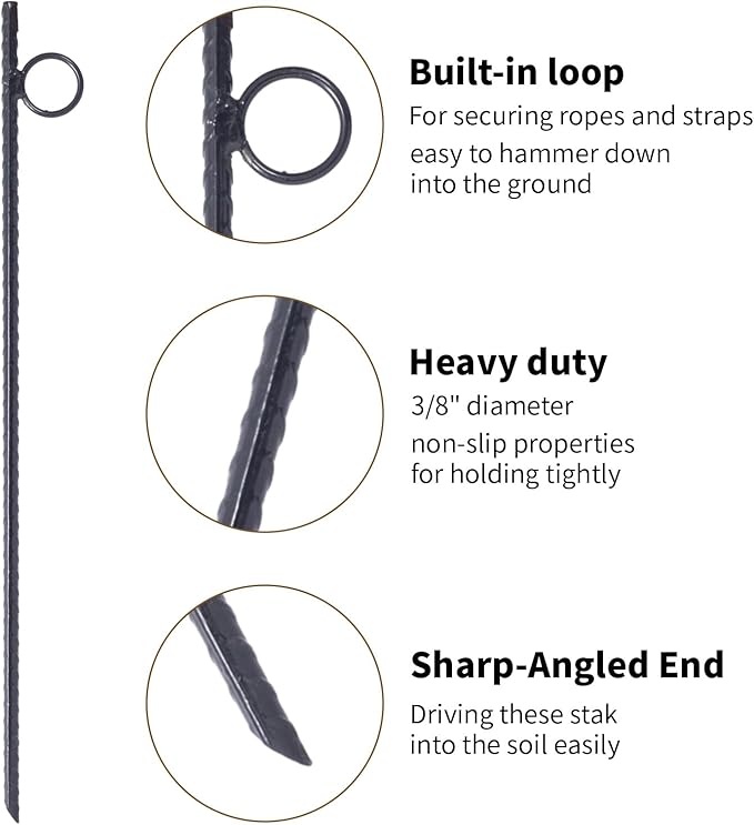 4 Pack Rebar Stakes 3/8" x 18" Heavy Duty Steel Ground Anchors with 1" Loop & Angled End for Canopy, Camping, Tent, Tarps, Garden & Yard, Black