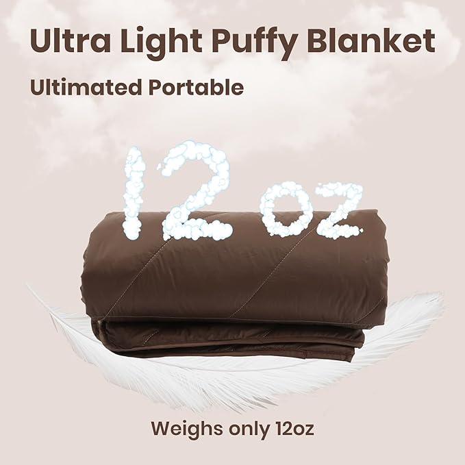 Ultralight Puffy Blanket, Outdoor Camping Blanket, Water-Resistant and Packable, Great for Camping, Stadium, Traveling, Backpacking, Picnic and Beach. 79"x55". Classic Coffee