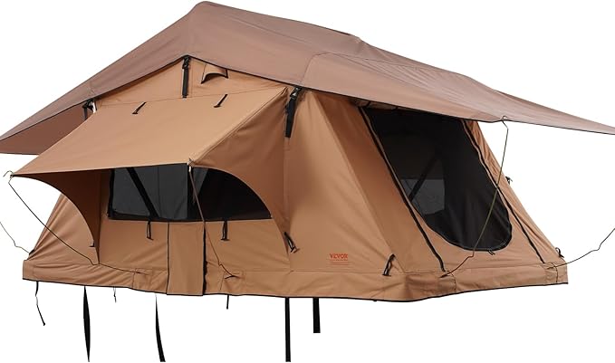 VEVOR Rooftop Tent Hard Shell, 2-3 Person Aluminum Roof Top Tent Hardshell with Tri-Color LED Light, Thick Mattress & 1 Window, Waterproof Windproof Overland Camping Car Roof Rack for Jeep SUV Pickup