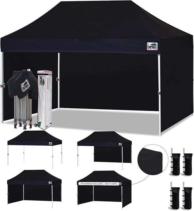 Eurmax USA 10'x15' Pop-up Canopy Tent Commercial Instant Canopies with 4 Removable Zipper End Side Walls and Roller Bag, Bonus 4 SandBags(Black)