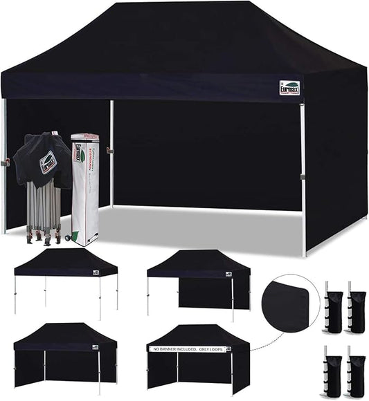 Eurmax USA 10'x15' Pop-up Canopy Tent Commercial Instant Canopies with 4 Removable Zipper End Side Walls and Roller Bag, Bonus 4 SandBags(Black)