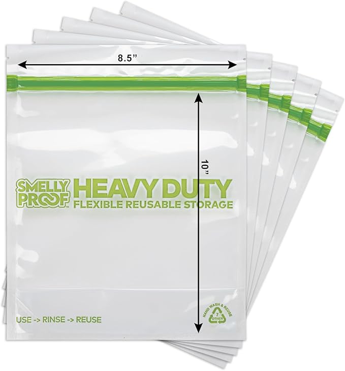 REUSABLE STORAGE BAGS by Smelly Proof, Large HEAVY DUTY 5-mils US-Made BPA FREE, NO PEVA, Dishwasher-Safe Reusable Freezer Bags CLEAR FLAT Quart 10" x 8.5" 5pk