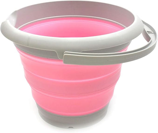 SAMMART 5L / 1.32 Gallon Collapsible Plastic Bucket - Foldable Round Tub - Portable Fishing Water Pail - Space Saving Outdoor Waterpot (5L Round, Grey/Pink)