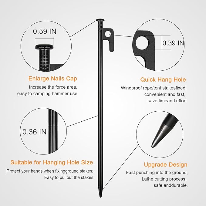 GOLDCAMP 8 Pack Heavy Duty Tent Stakes and Hammer with Canvas Storage Bag, 8in Duty Metal Tent pegs Ground Anchor for Camping、Outdoor、Hiking（Durable Combination）