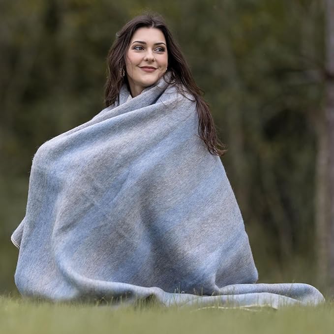 Thick Alpaca Wool Blanket Heavyweight Camping Outdoors Indoors Soft Peru Twin Size Stripes Design (Soft Gray/Soft Blue, Twin Size)