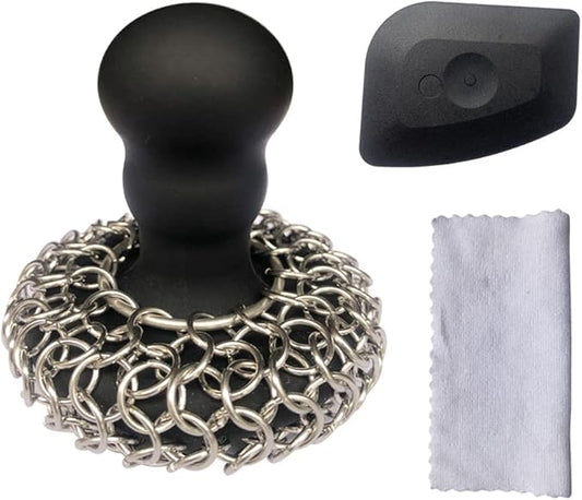 316 Upgraded Chainmail Scrubber with Silicone Handle Cast Iron Cleaner for Cast Iron Grill Pan Skillet Wok Bakeware Ergonomic to Hold Easy to Use Dishwasher Safe, Scrubber + Scraper + Towel (Black)